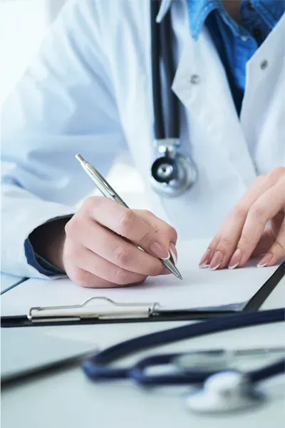Advanced-Diagnostic-Testing-Treatment Close up of a doctor in a white coat, writing on a notepad, representing functional medicine testing offered by Stephen Beyer, DC in Mokena.