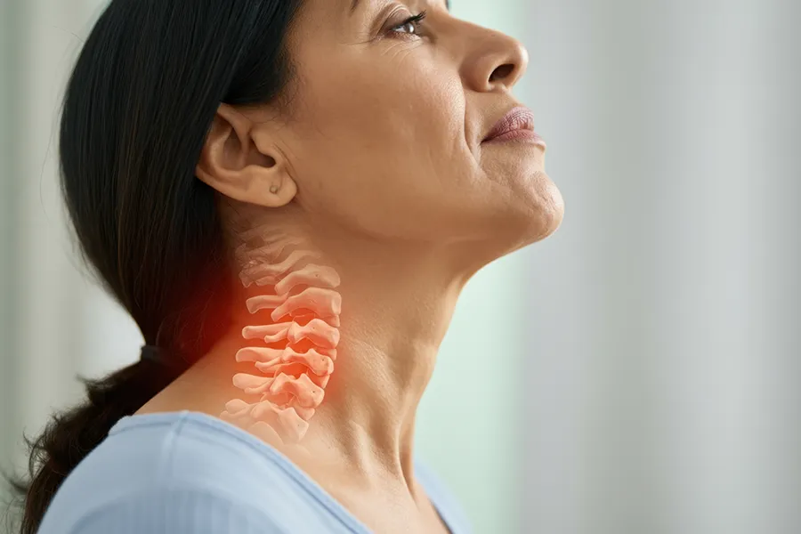 Degenerative-Disc-Disease-Clinic A middle-aged woman with a 3D illustrated spine transposed over her neck. Get treatment for degenerative disc disease from Stephen Beyer, DC in Mokena.