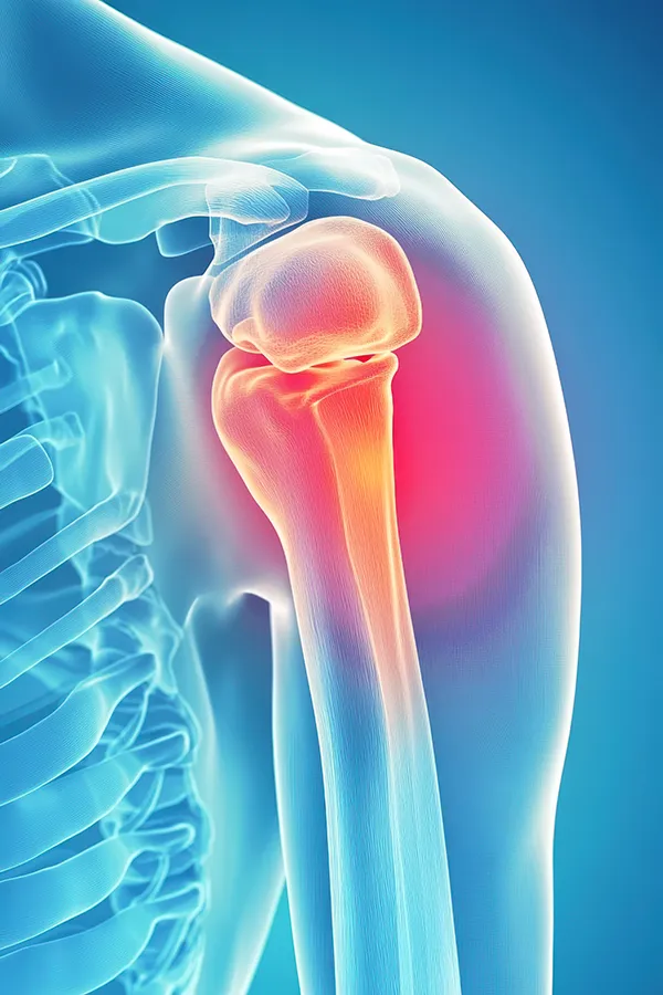 Frozen-Shoulder-Treatment 3D illustration of a human skeleton with the shoulder highlighted. Get treatment for frozen shoulder from Stephen Beyer, DC in Mokena.
