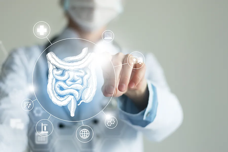 Leaky-Gut-Syndrome-Clinic Stephen Beyer, DC provides advanced Functional Medicine for Leaky Gut Syndrome treatments in Mokena, shown by a doctor touching a glowing digital intestinal health display.