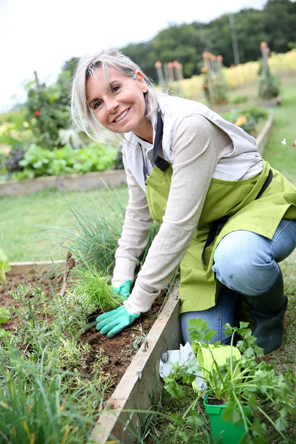 Rheumatoid-Arthritis-Treatment A mature woman bending down working on her garden happily after successful rheumatoid arthritis treatment from Stephen Beyer, DC in Mokena.